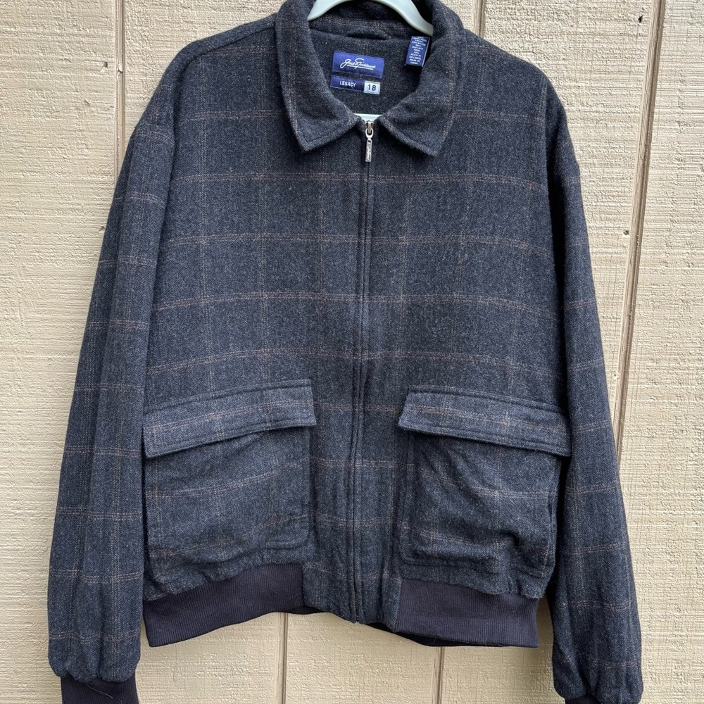 Jack Nicklaus Legacy Men  Lambs Wool Plaid Charcoal Bomber Jacket size 18